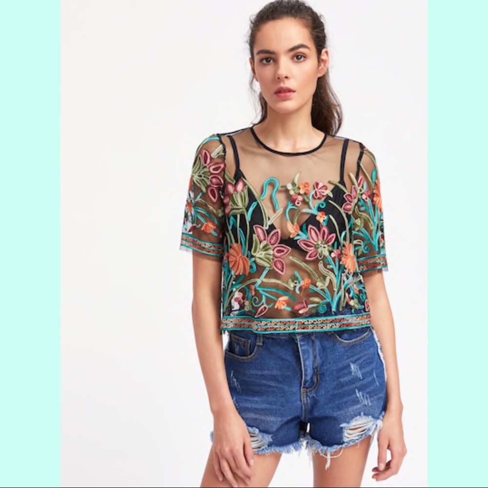 1 LEFT!Beautiful multicolored Embroidered Mesh Top